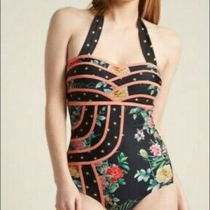 Modcloth High Dive Serene Bustier Halter Swimsuit